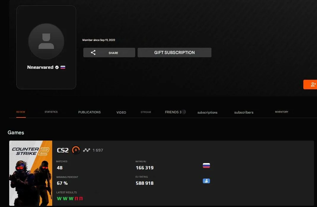 CS246 FACEIT 8 LVL 1697 ELO - 48 Matches - 2022 Registration - Verified - With Native Mail - 1000 FACEIT Points 